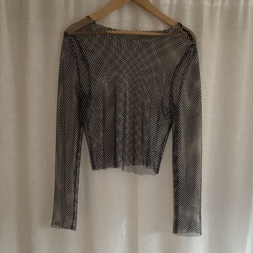 Women’s Silver Metallic Mesh Sheer Cropped Top Boat Neck Long Sleeve Size S